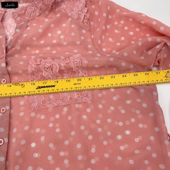 Women's Pink Sheer Polka Dot Button Up Blouse Lace Pockets Mock Collar Coquette - Picture 9 of 12